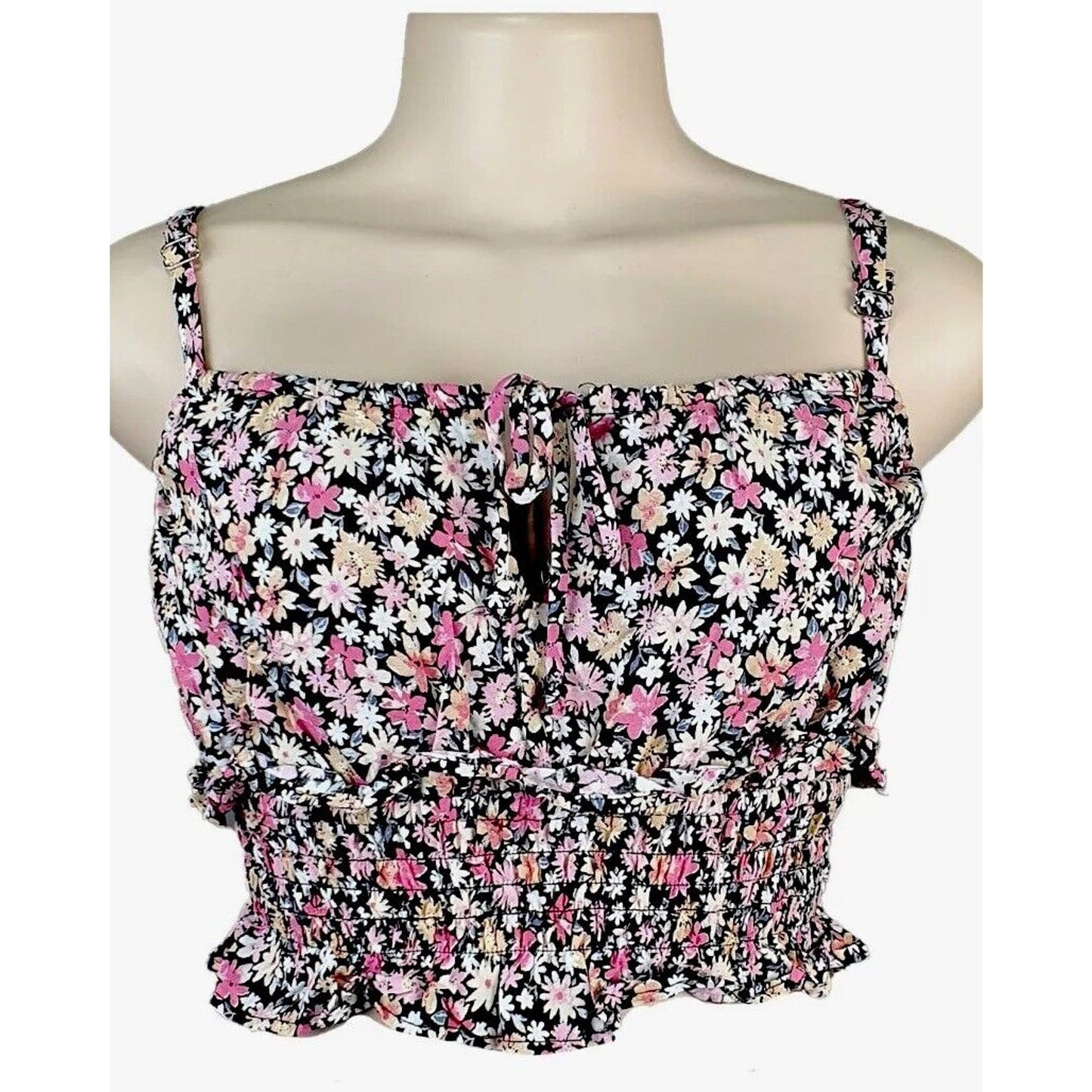 Wild Fable Black Pink Yellow Floral Keyhole Front Ruche Ruffle Crop Top Small