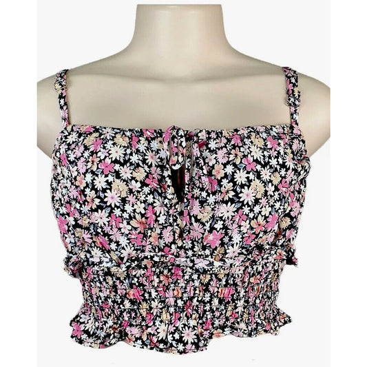 Wild Fable Black Pink Yellow Floral Keyhole Front Ruche Ruffle Crop Top Small