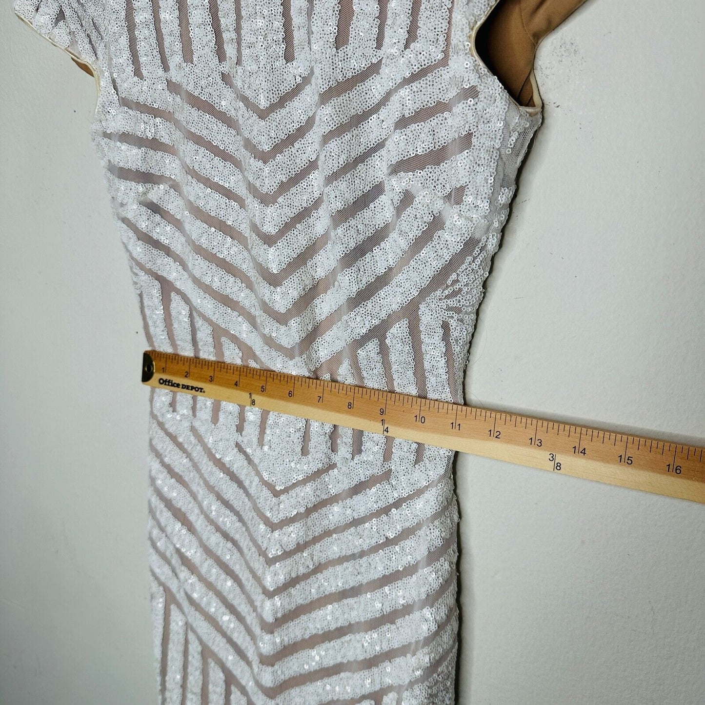 NWT Dress The Population White & Nude Sequin Aztec Print Open Back Cap Sleeve S
