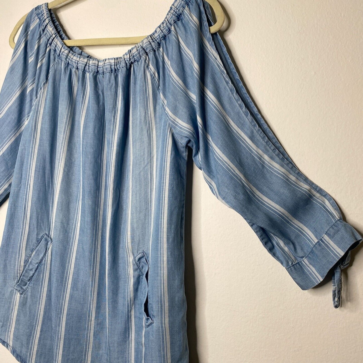 Billy T Blue & White Stripe Linen Off Shoulder 3/4 Tie-Sleeve Back Button Top XS