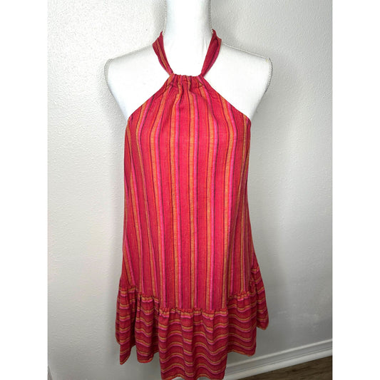 BCBG Generation Halter Mini Dress XS Pink Striped Sleeveless Flowy Ruffle Hem