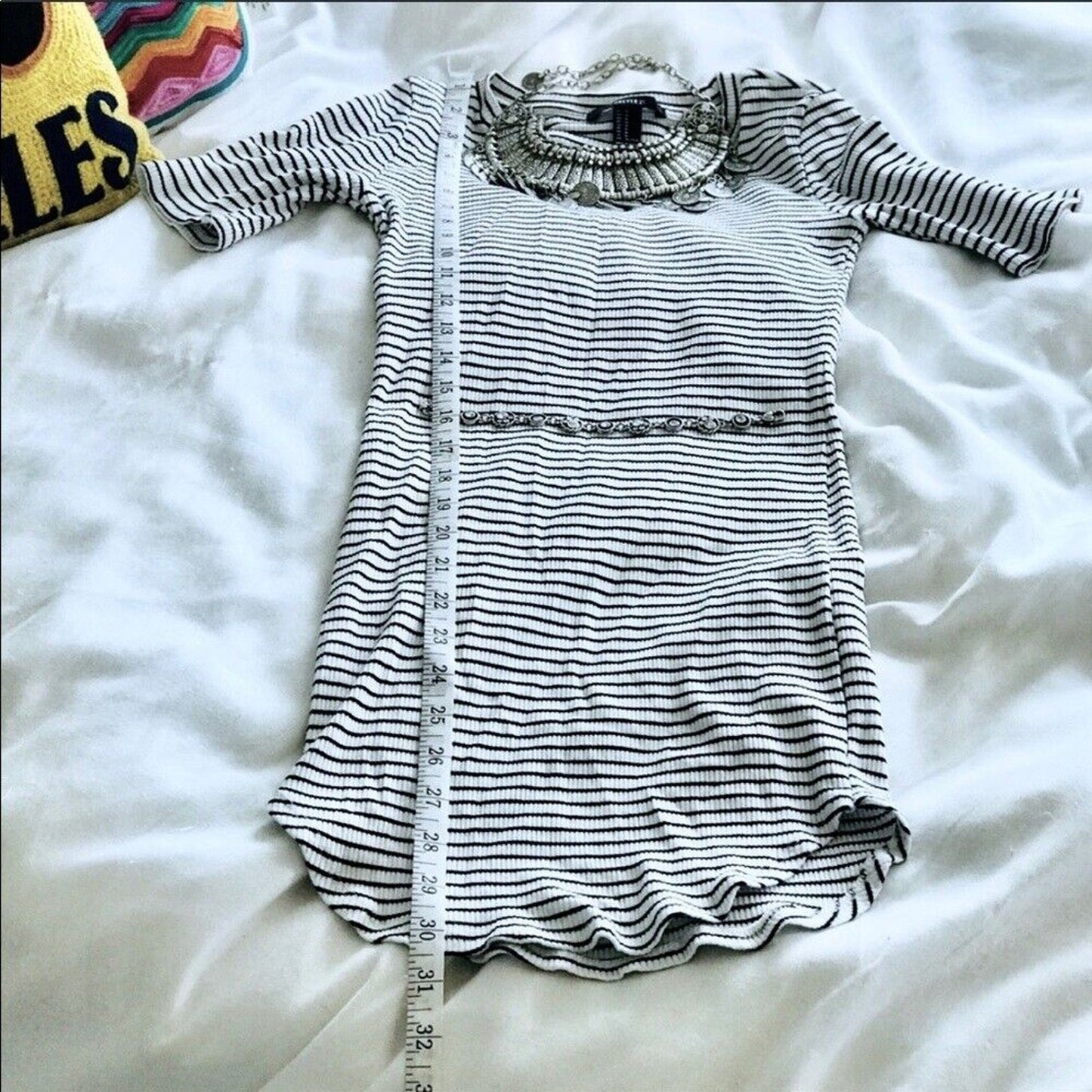 Forever 21 White & Black Striped Stretchy Short Sleeve T Shirt Bodycon Dress M