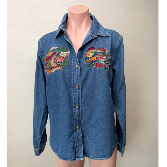Vintage Cabin Creek Embroidered Denim Shirt Women Size PL