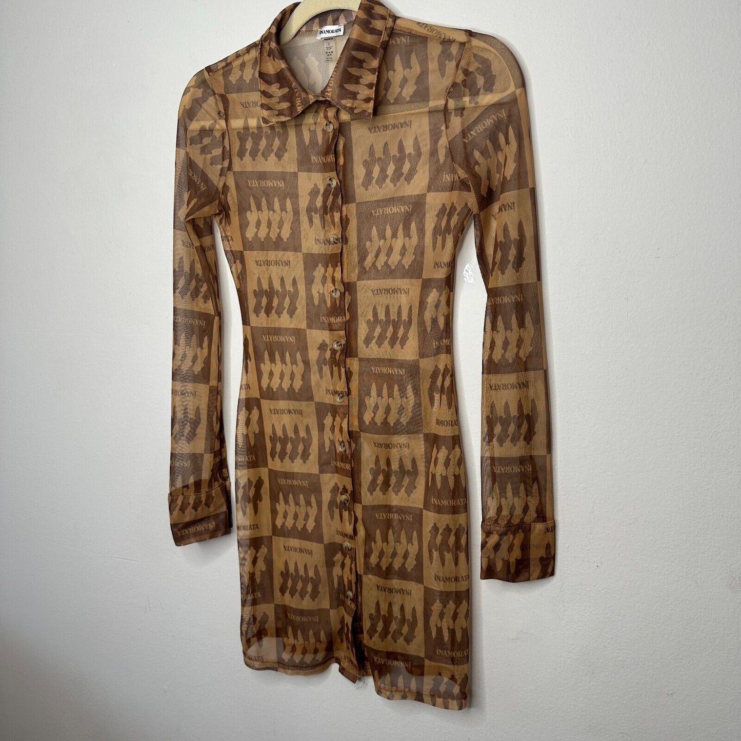 Inamorata Riviera Brown Check Mesh Dress Long Sleeve Button Up Mini Dress S