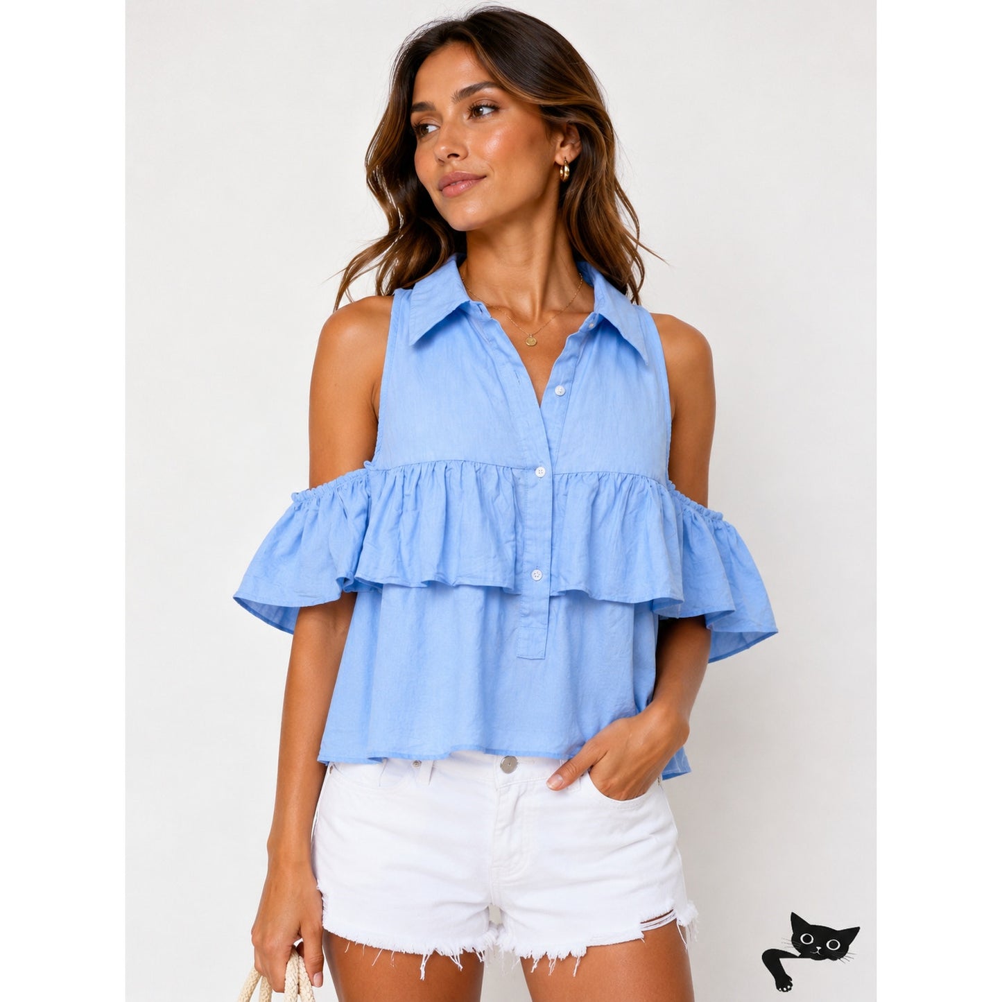 Chic Light Denim Blue Ruffled Cold Shoulder Half Front Button Flowy Blouse Small