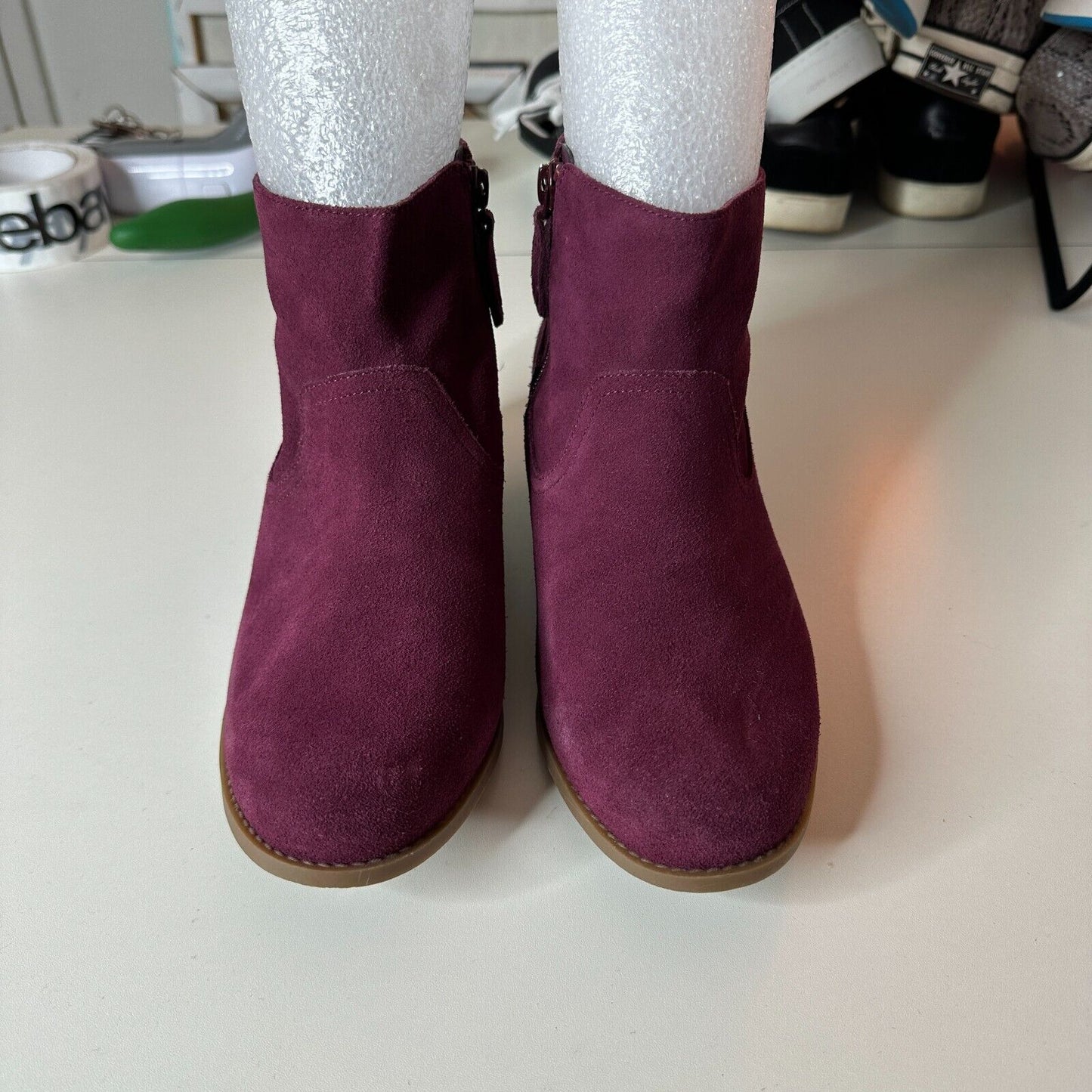 Vionic Vera Chic Eggplant Purple Sueded Ankle Boots Side Zipper Low Heels 8.5