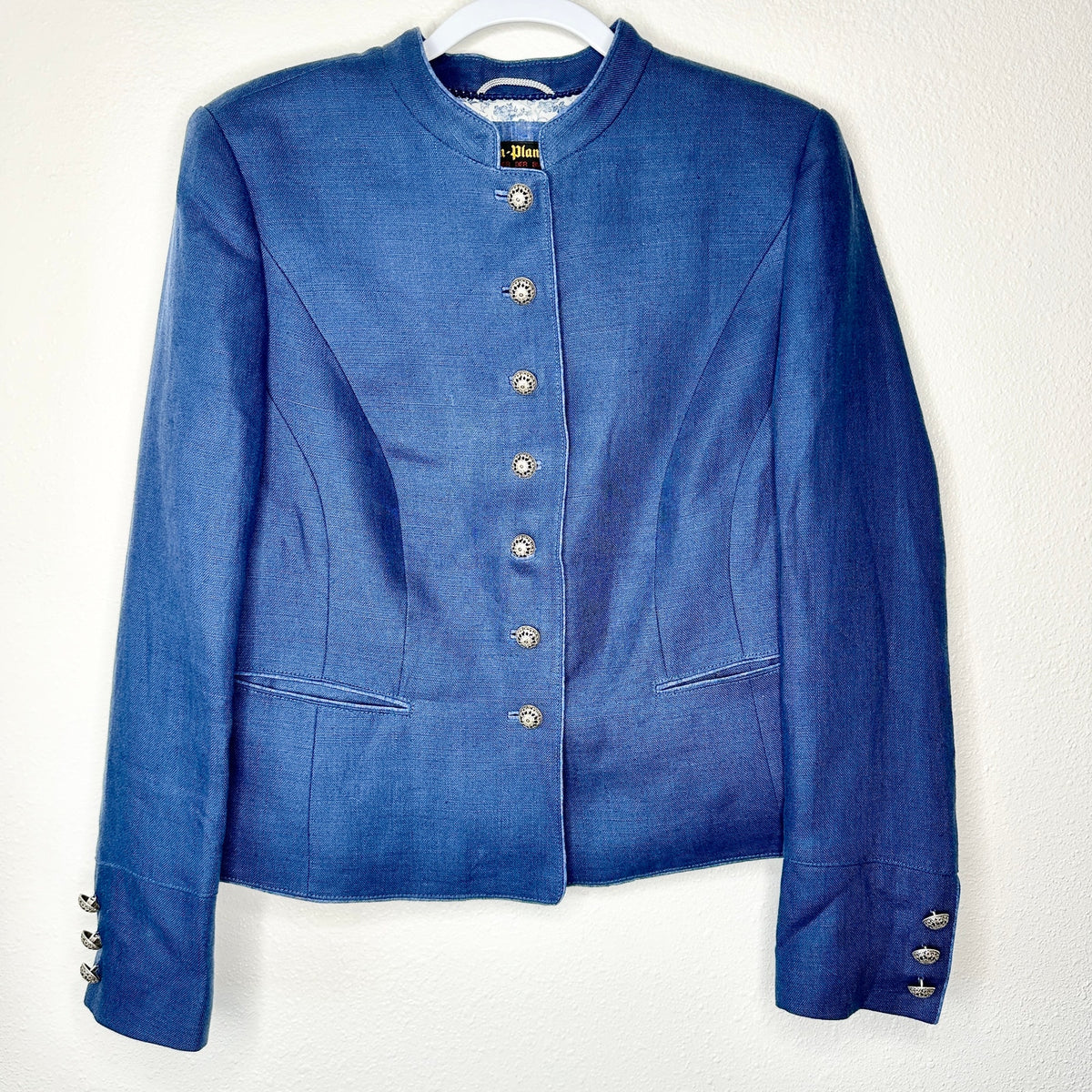 Loden Plankl Denim Blue Linen Band Neck Silver Floral Decorative Buttons Blazer Jacket