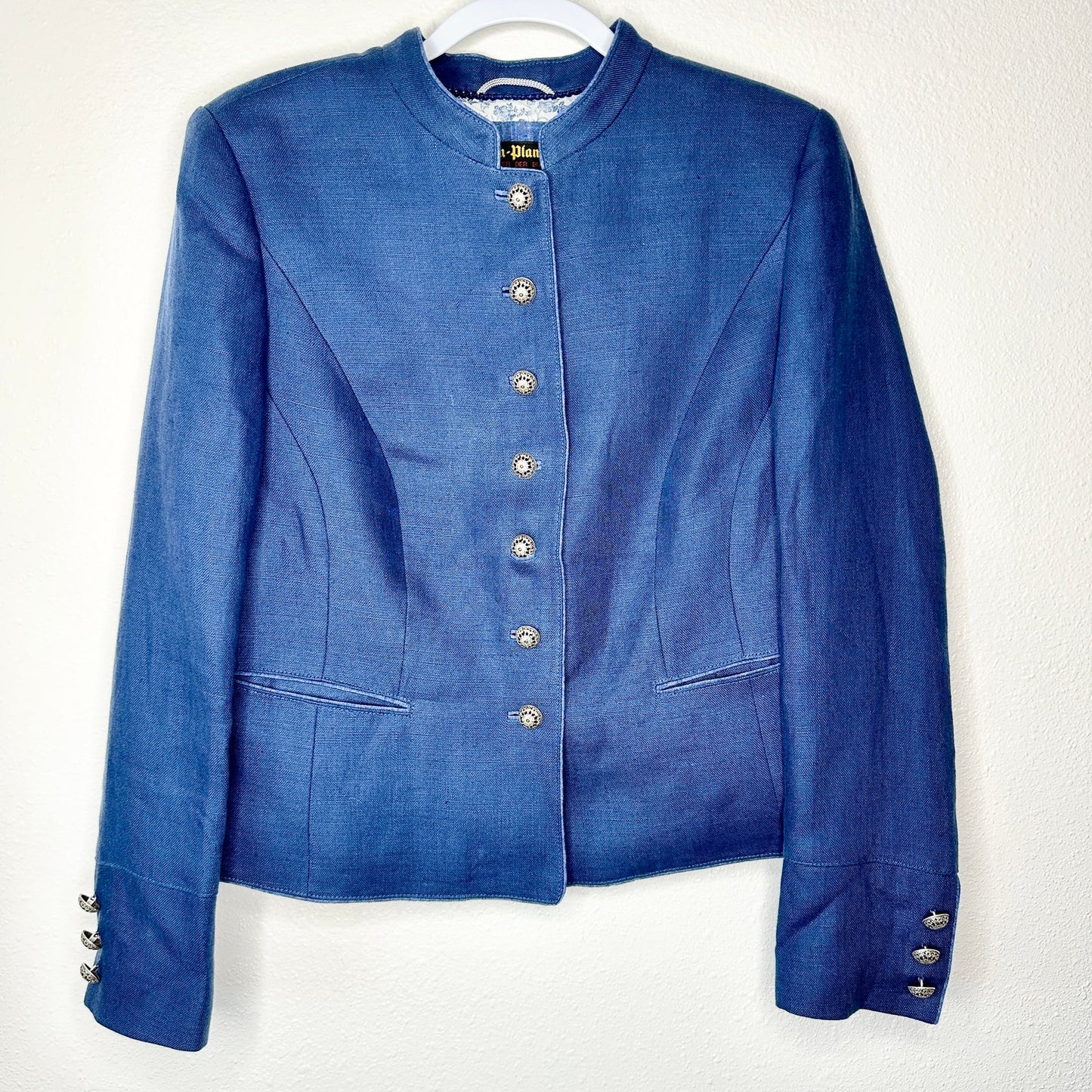 Loden Plankl Denim Blue Linen Band Neck Silver Floral Decorative Buttons Blazer Jacket