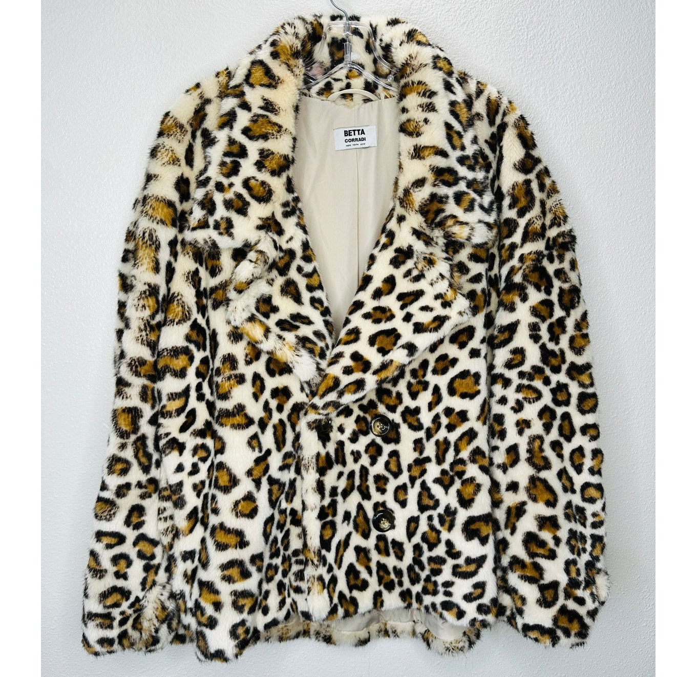 Betta Corradi Cream Brown Black Leopard Print Fuzzy Double Breasted Jacket