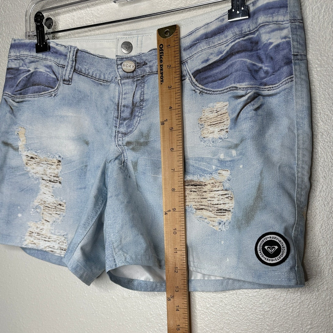 Roxy Estilo Faux Distressed Blue Jean Print On Poly Shorts 7