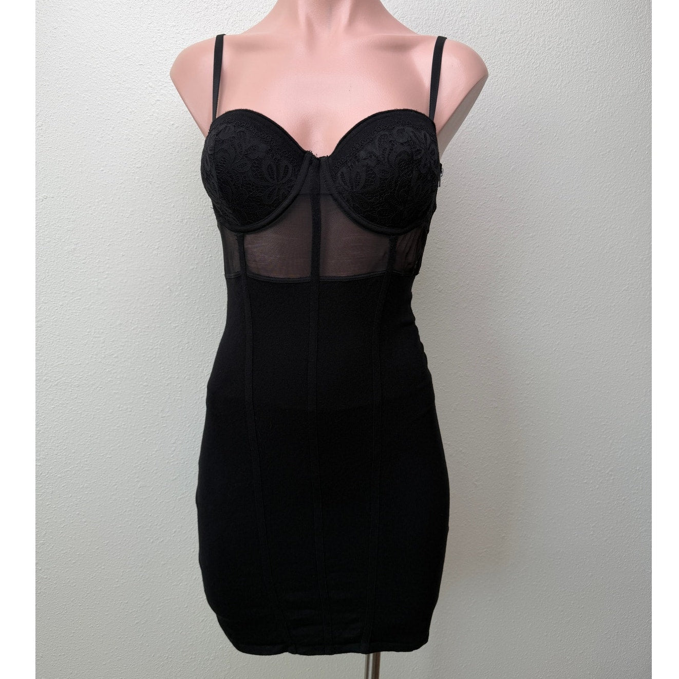GUESS Black Lace Bodycon Mini Dress Sheer Mesh Corset Size S