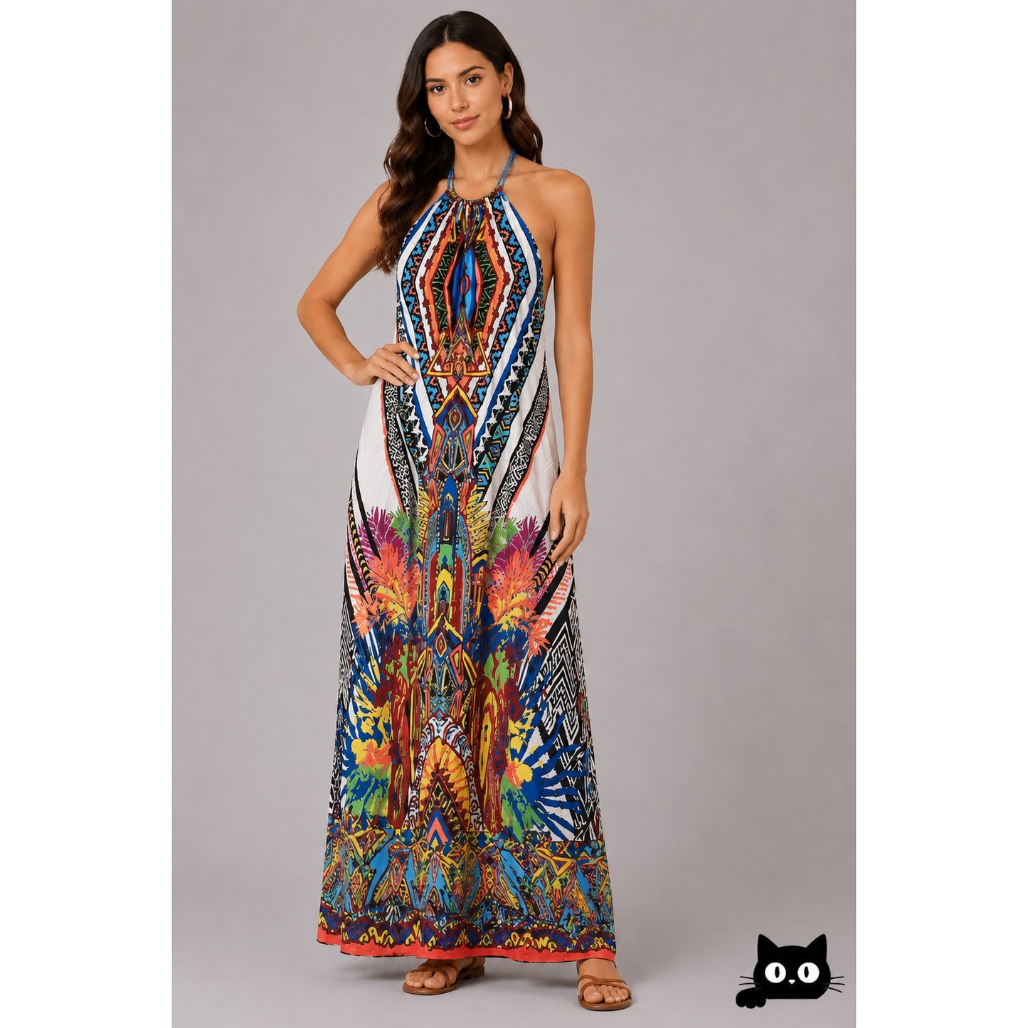 Sugarcloth White Blue Peach Multicolor Tribal Halter Maxi Dress
