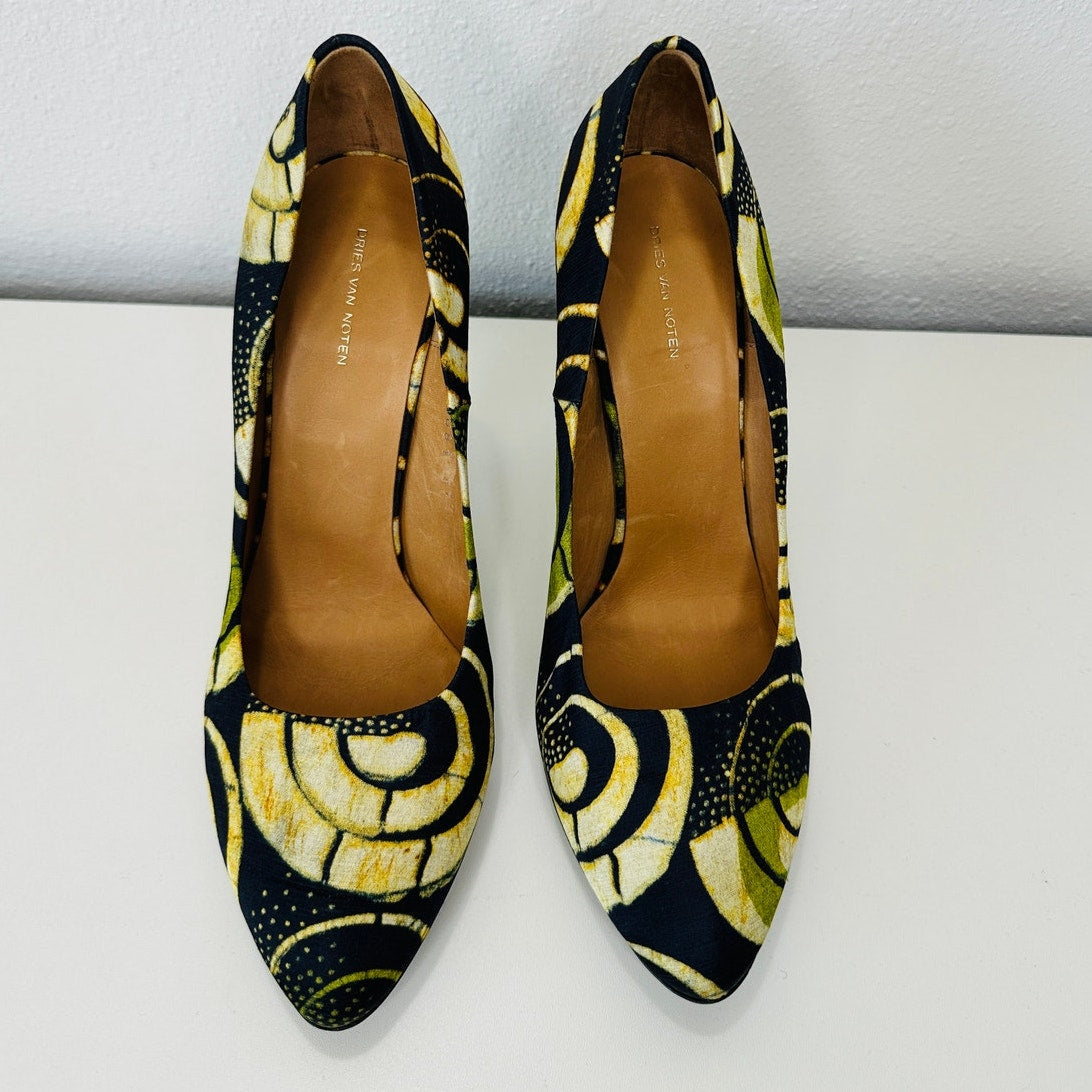 Dries Van Noten Italy Silk Leather Black Green Tan Platform 5" Heel Shoe 37.5 / 7.5