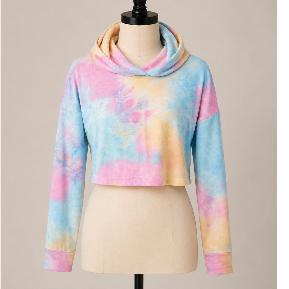 Lightweight Pale Pink Blue Tie Dye Drop Shoulder Long Sleeve Crop Hoodie Small