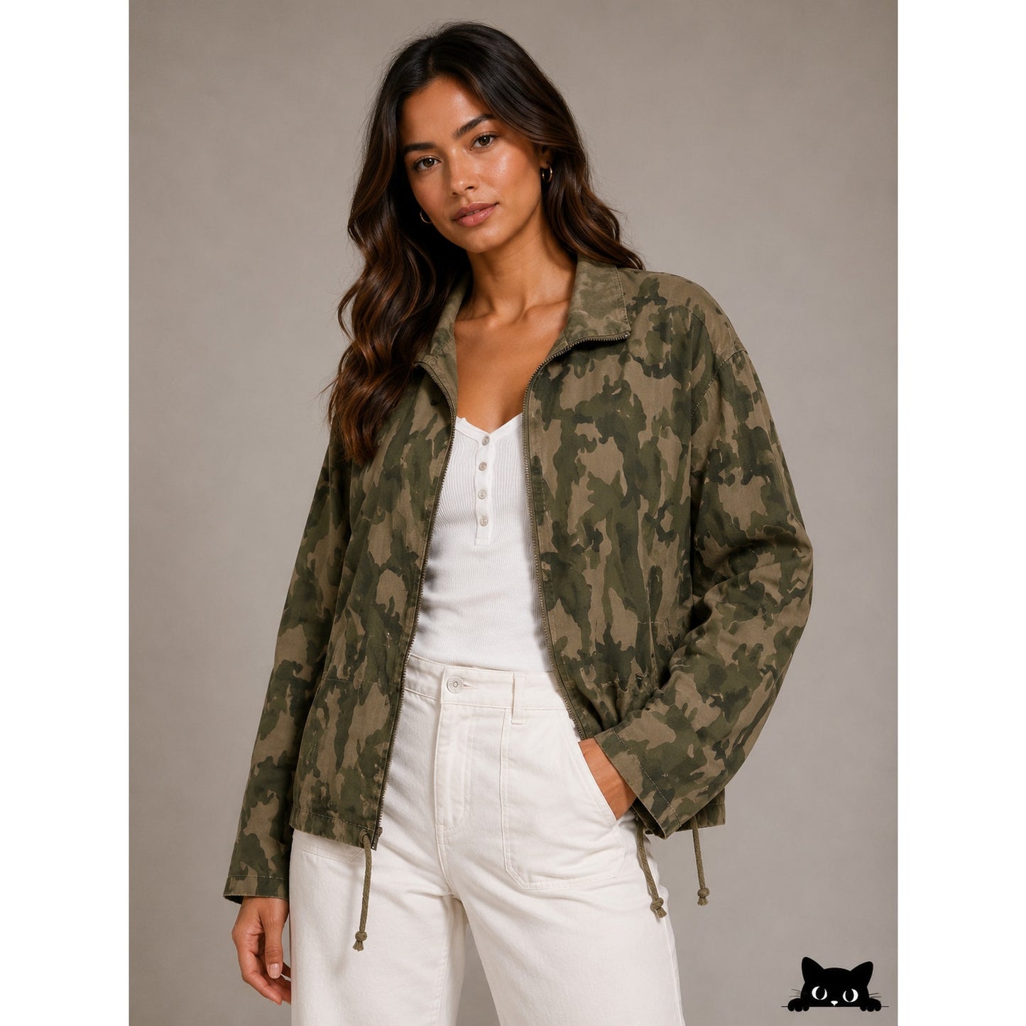 James Perse Army Green Tan Camo Print Zip Band Neck Long Sleeve Jacket 4 / XL