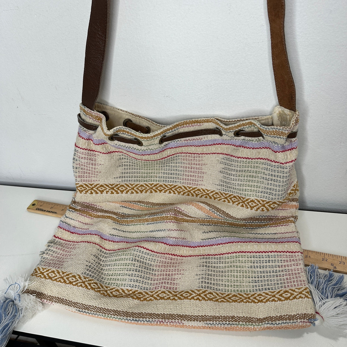 Lovestitch Tan Multicolor Striped Canvas Boho Bag Drawstring Snap Closure