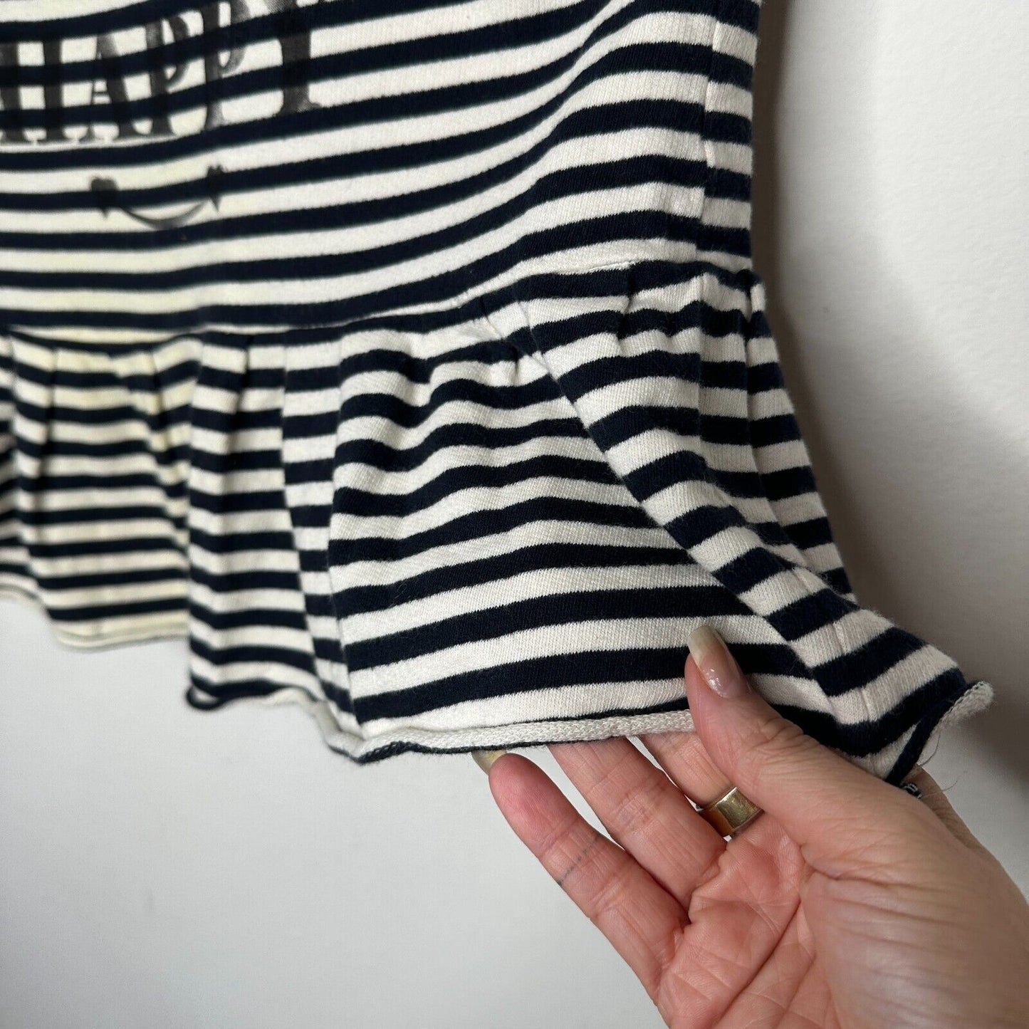 MNG Mango Black White Stripe I Do What Makes Me Happy Short Sleeve Ruffle Tee SM