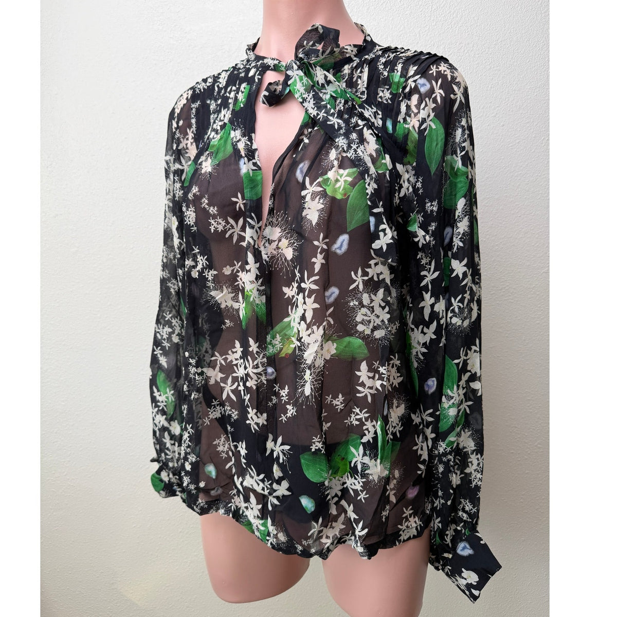 Isolda Silk Floral Tie Neck Sheer Blouse Black Green Women's US M