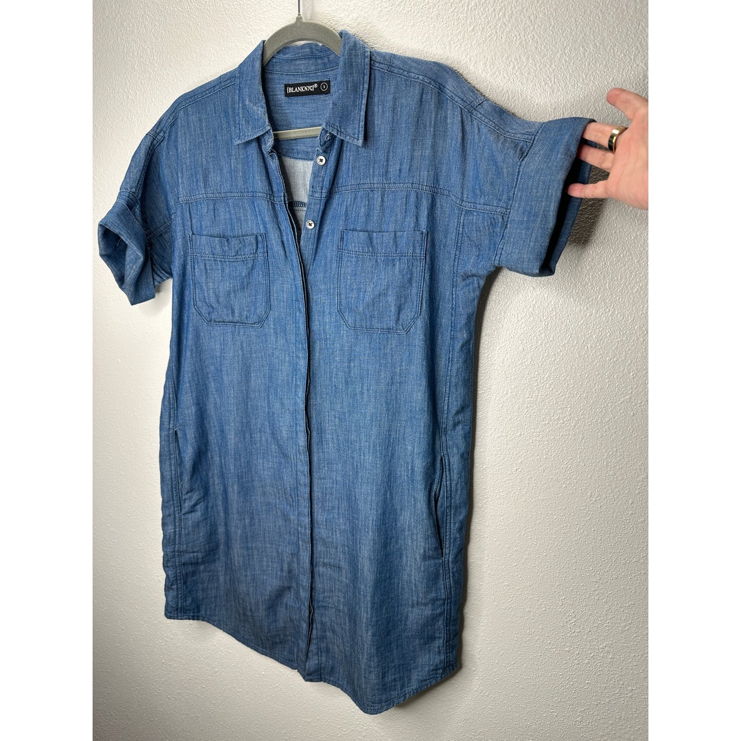 Blank NYC Medium Blue Denim Short Sleeve Pocket Jean Shirt Dress S