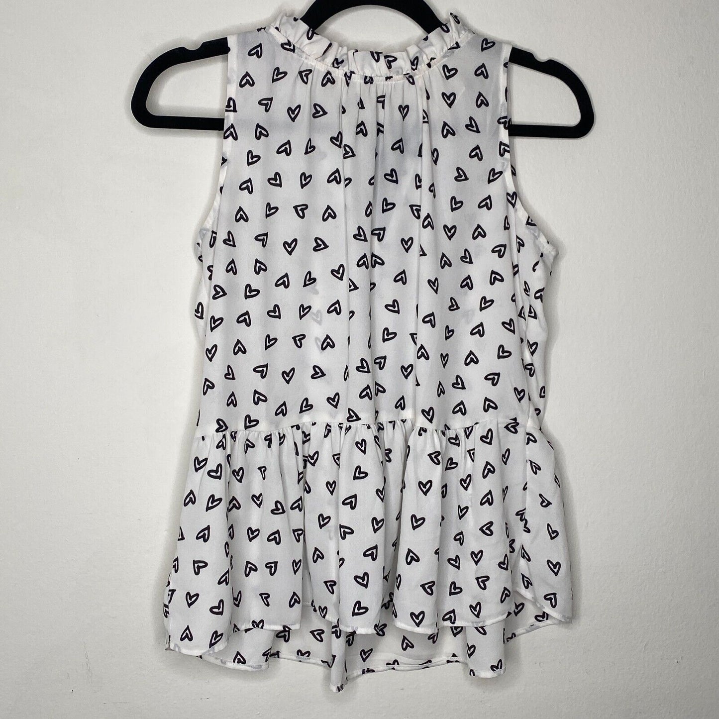 Loft White Peplum Top Black Hearts Sleeveless Ruffle Tie Neck and Ruffle Hem XSP