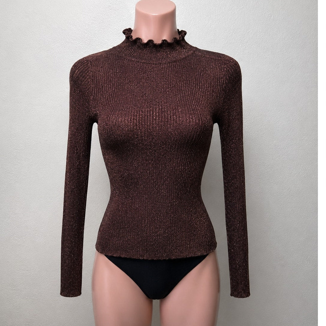 NWT With Black Victoria Metallic Bronze Pullover Ruffle Mock Neck Top S