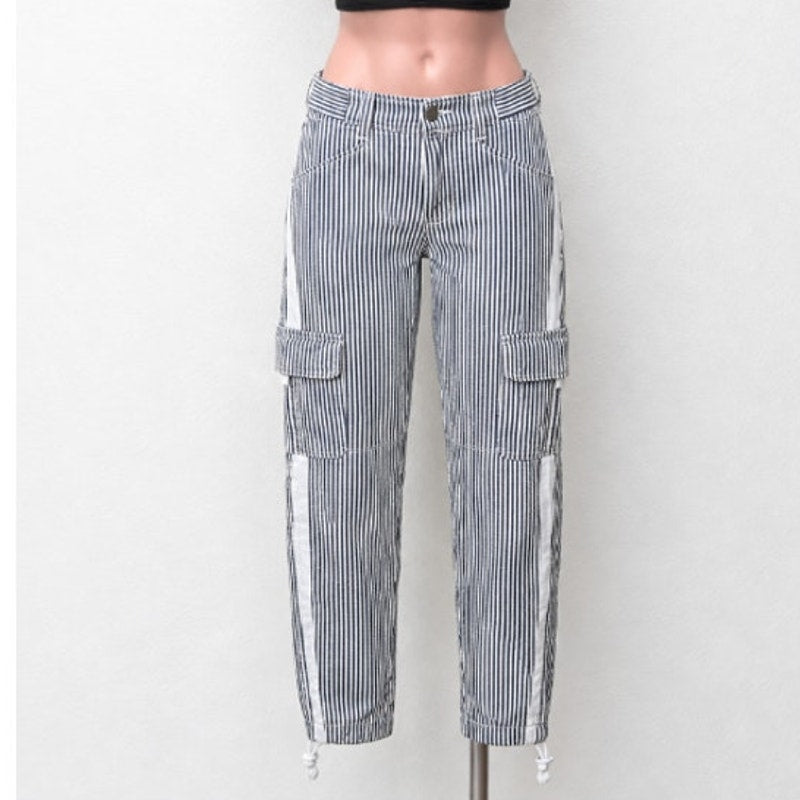 Sanctuary White & Gray Striped Cropped Utility Trouser Pant Cinched Ankle 27