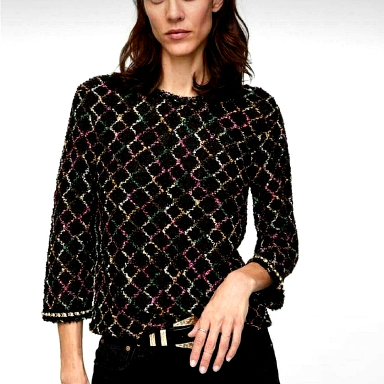 Zara Black Multicolor Boucle Knit Sweater with Pearl Detail on Sleeves Top S