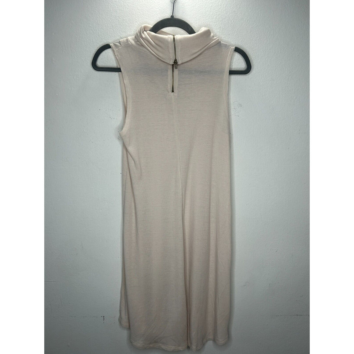 Hyfve Soft Cream Mock Neck Sleeveless Rib Knit Faux Asymmetrical Back Zip Dress