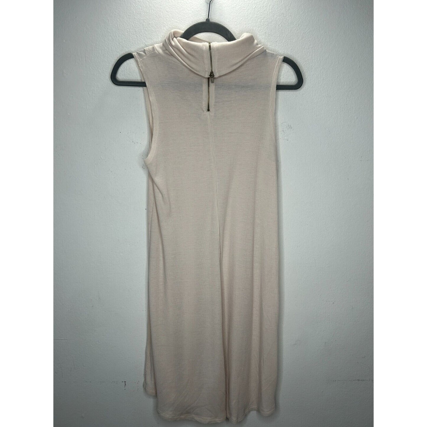 Hyfve Soft Cream Mock Neck Sleeveless Rib Knit Faux Asymmetrical Back Zip Dress