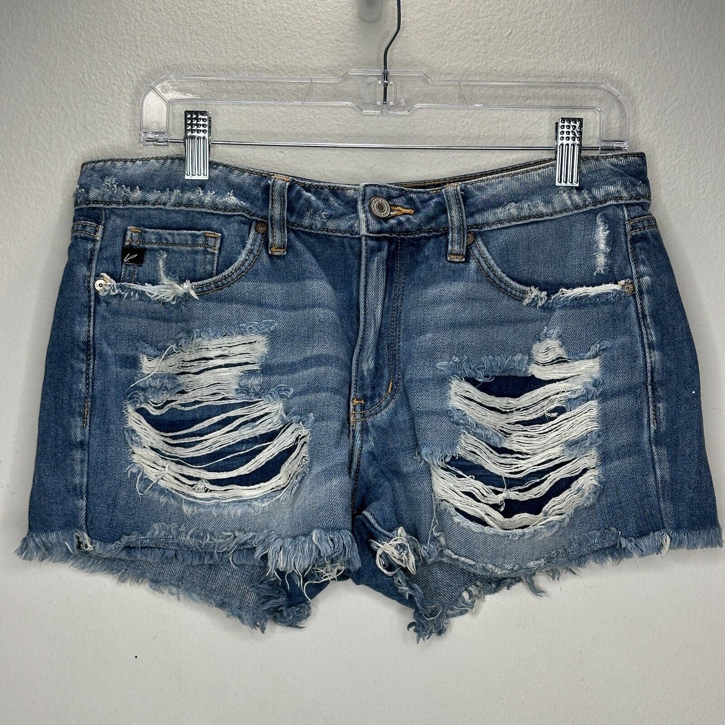 Kancan Medium Blue Wash Mid-Rise Distressed Raw Hem Denim Jean Shorts 28