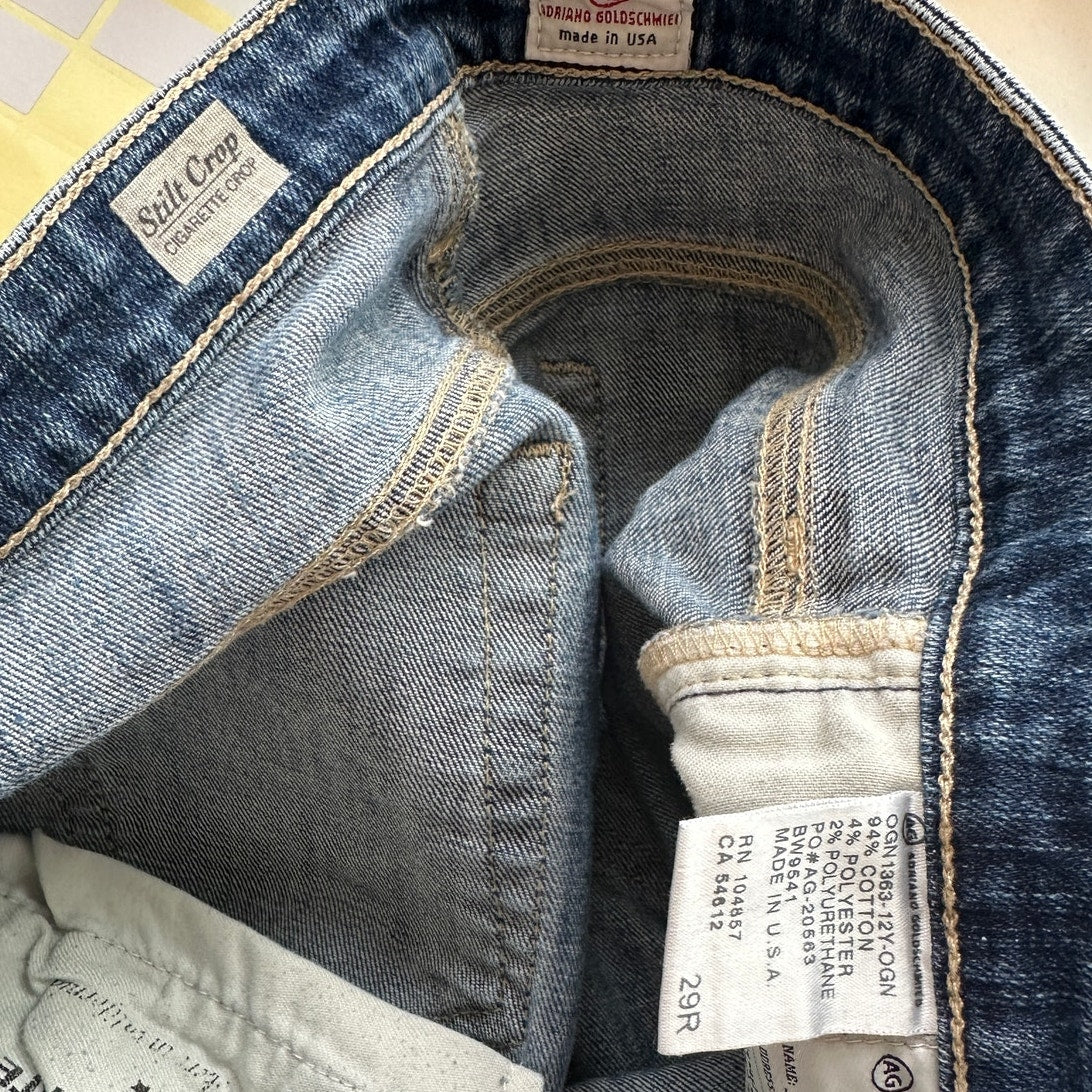 AG Medium Wash Whiskered Raw Hem Stilt Crop Cigarette Crop Jean 29