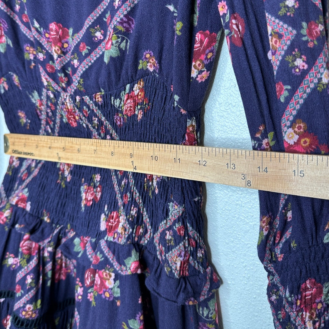 Rahi Cali Purple Multi Color Floral Print 3/4 Sleeve Ruffle Mini Dress XS
