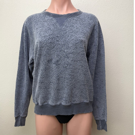 The Great. Blue Fleece Sweatshirt Distressed Raw Hem Raglan Sleeve - Size 0