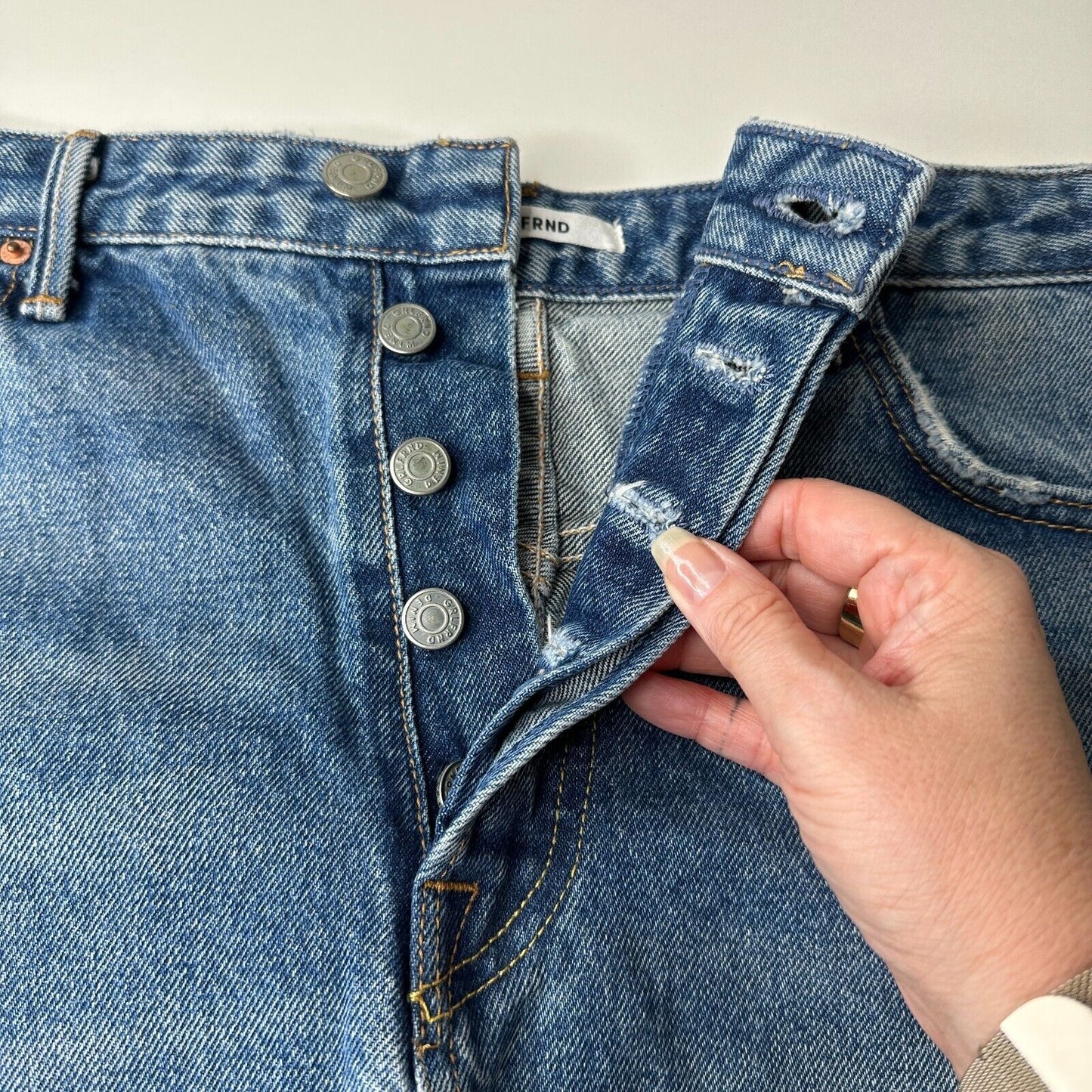 GRLFRND Cindy Button Fly High Rise Medium Blue Wash CutOff Jean Short Raw Hem 32