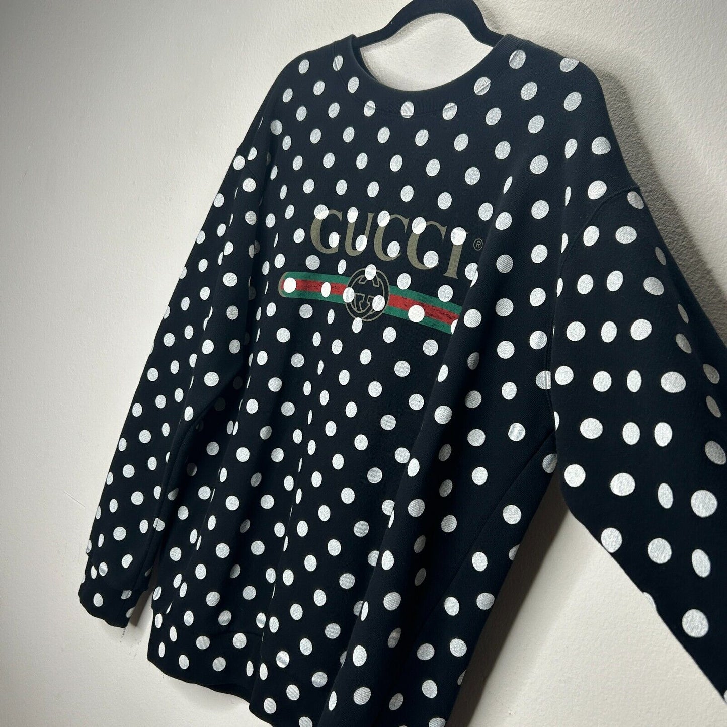 NWT Gucci Black & White Polka Dot Logo Long Sleeve Round Neck Sweatshirt L