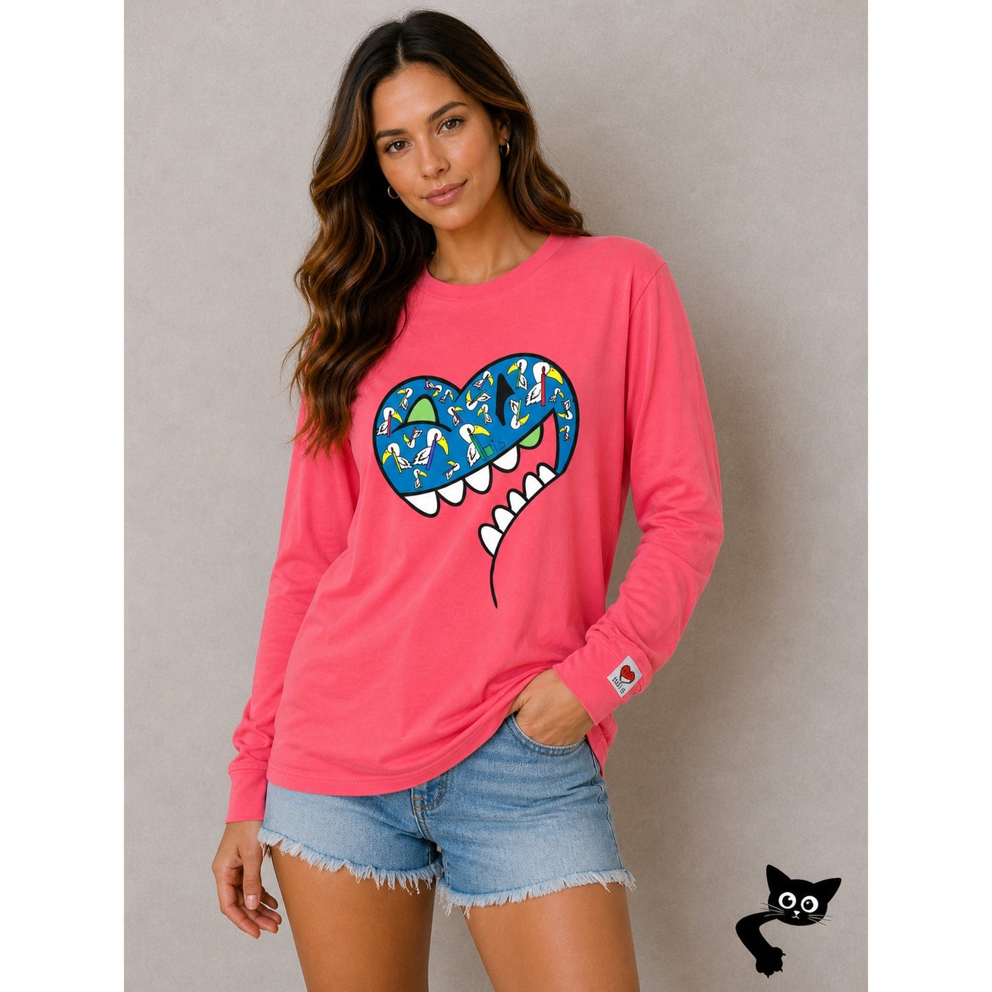 RARE Ibis Heart On Sleeve Collection Pink Coral Tee Long Sleeve Fine Cotton SM