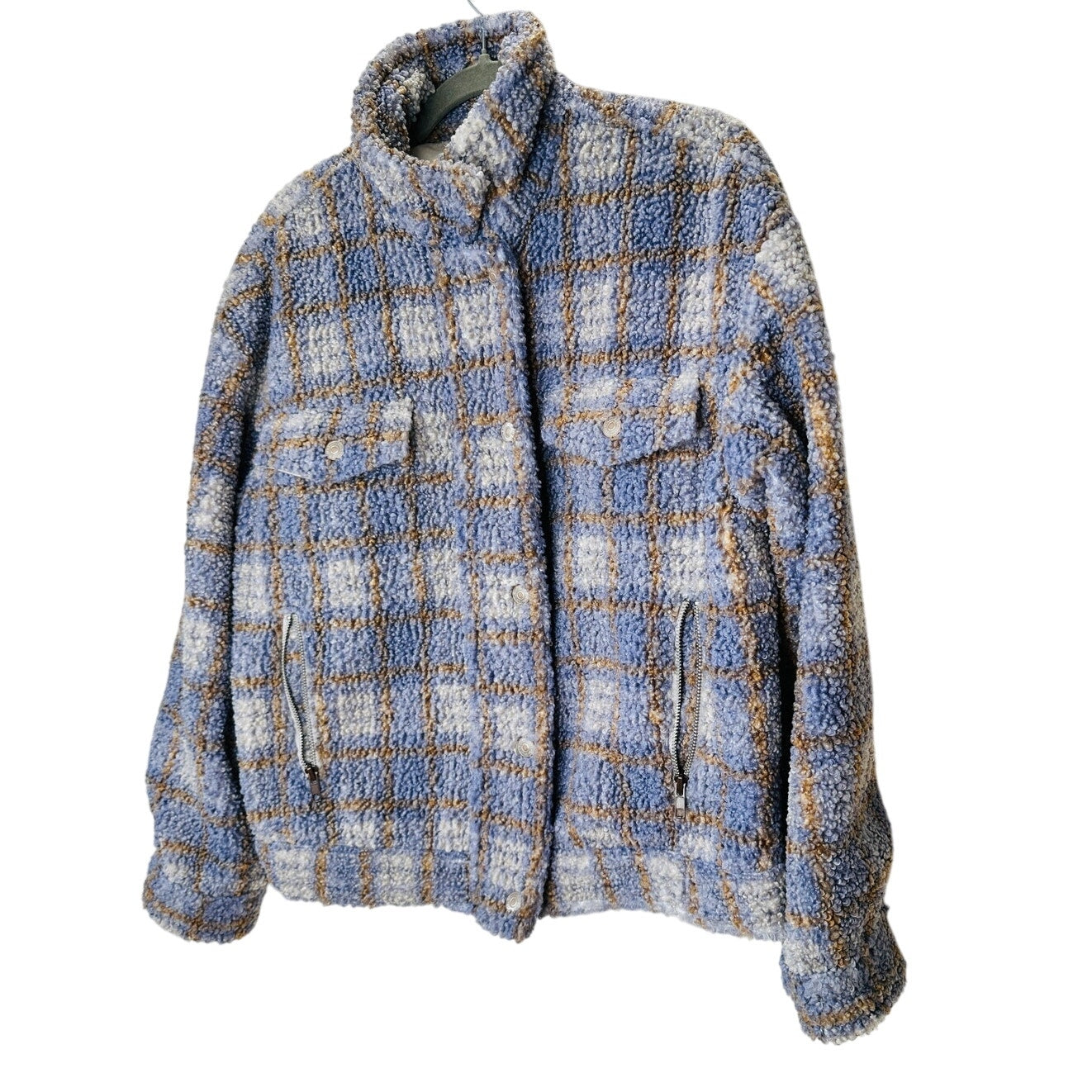 We The Free Fuzzy Loop Stitch Ivory Blue Tan Mock Neck Zip Jacket XS