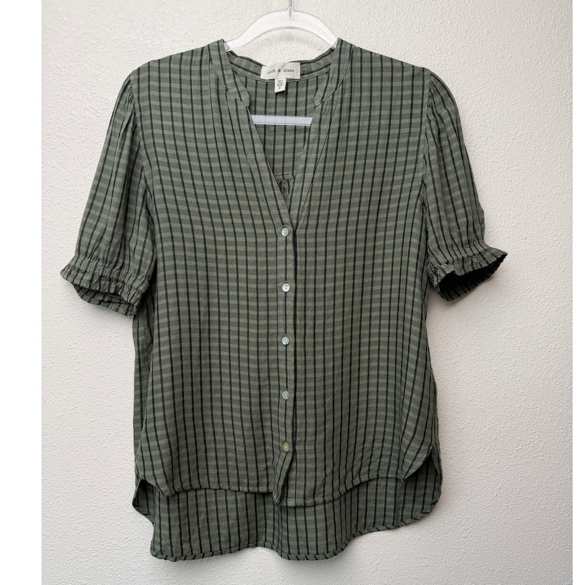 Cloth and Stone Green Plaid Puff Sleeve Linen Buttondown Women's US S