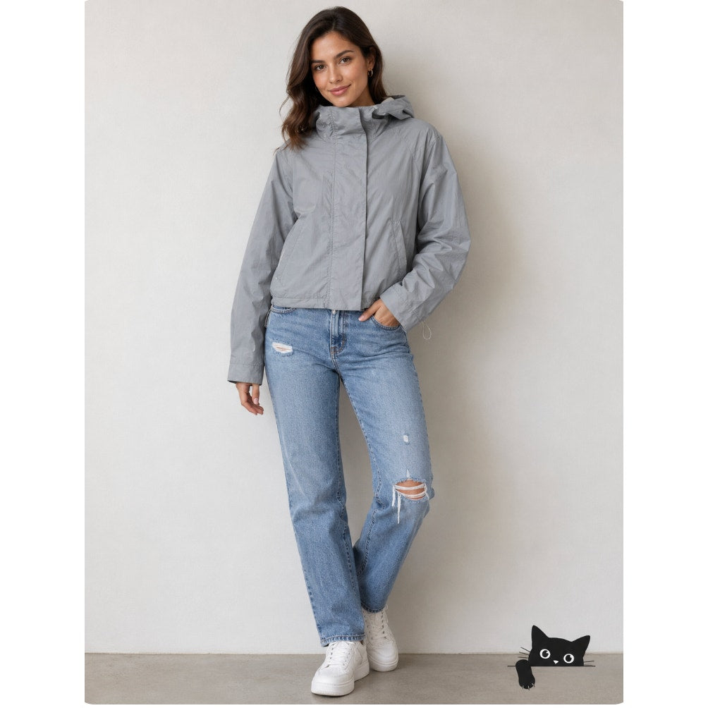Fabletics Gray Hooded Lightweight Zip Snap Windbreaker Jacket Small