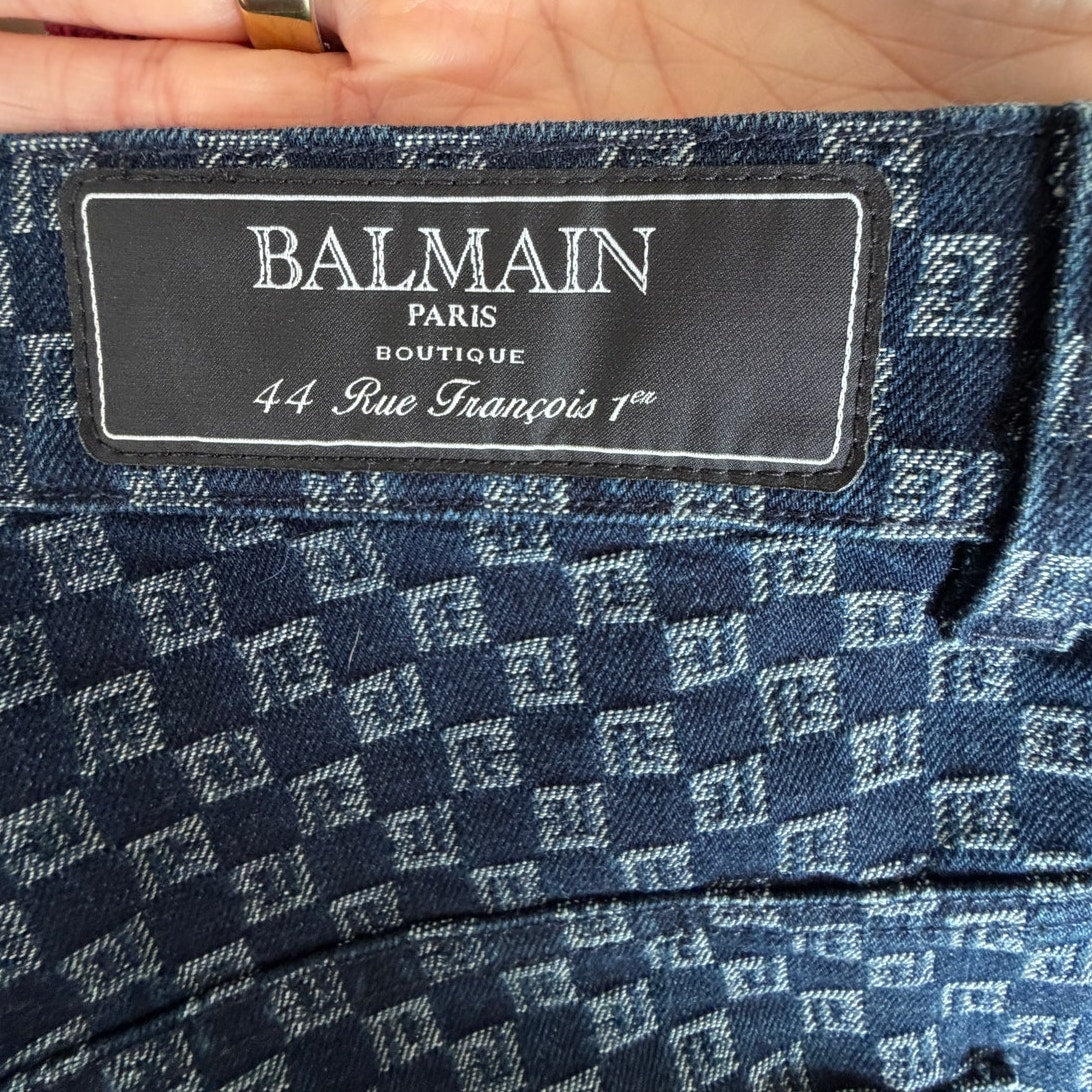 Balmain Men's 32 Blue Monogram Button Fly Wide Leg Jeans