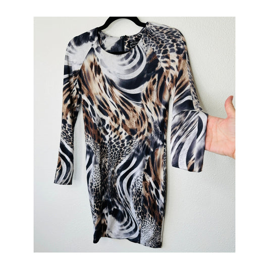 Torn by Ronny Kobo Black White Brown Animal Print Long Sleeve Bodycon Dress S