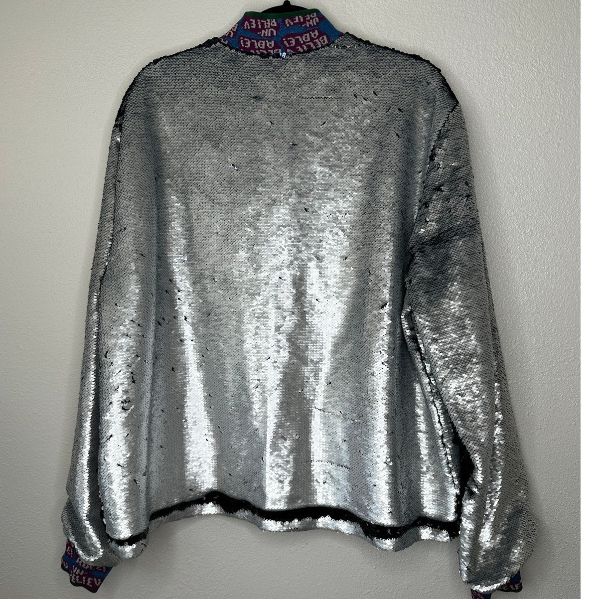 Libertine Silver Black Reversible Sequin Front Zip Long Sleeve Bomber Jacket XL