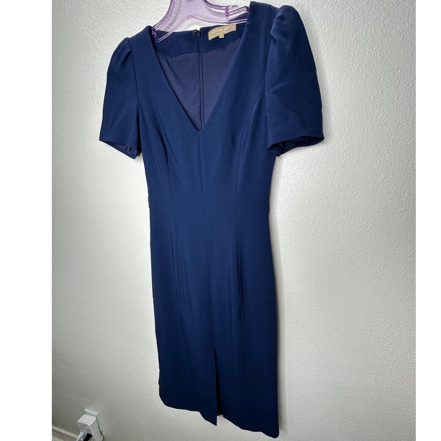 Michael Kors Navy Blue V-Neck Cap Sleeve Front Slit Fitted Midi Dress 2