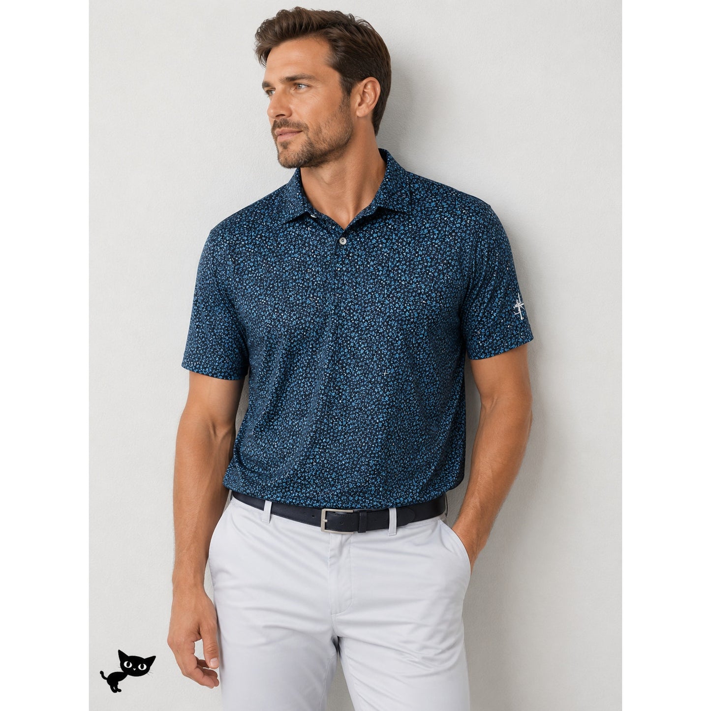 Black with Blue Ocean Starfish Print Polo Golf Shirt Short Sleeve Large