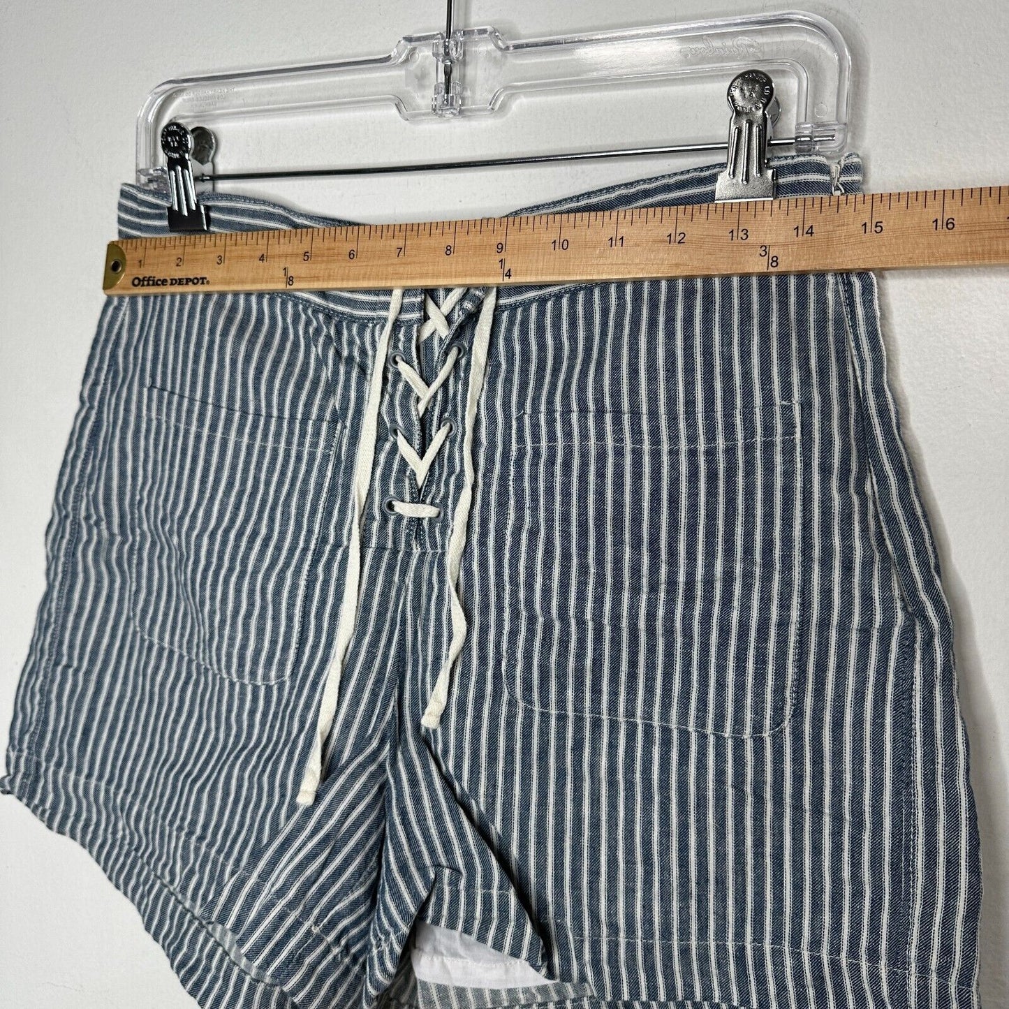 Madewell Jean Blue Off White Striped High Waist Patch Pockets Lace-Up Shorts 4