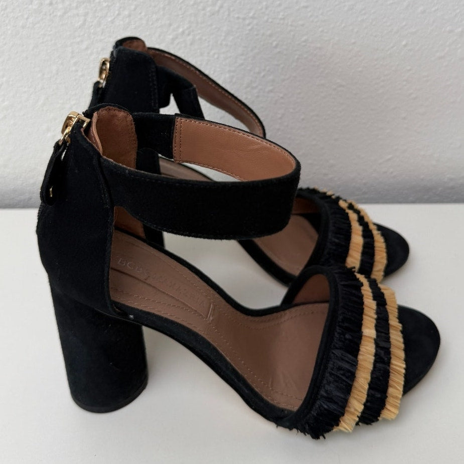 BCBGMaxAzria Alonza Raffia Heels Black Tan Womens US 7.5