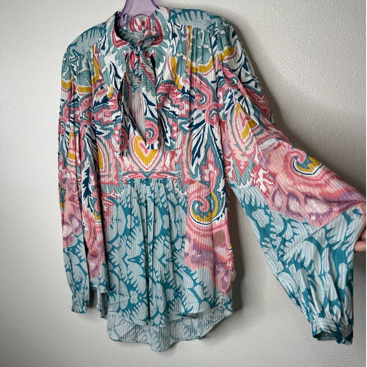NWT Etro Teal Multicolor Paisley Georgette Long Sleeve Tie Neck Blouse 48 / XL