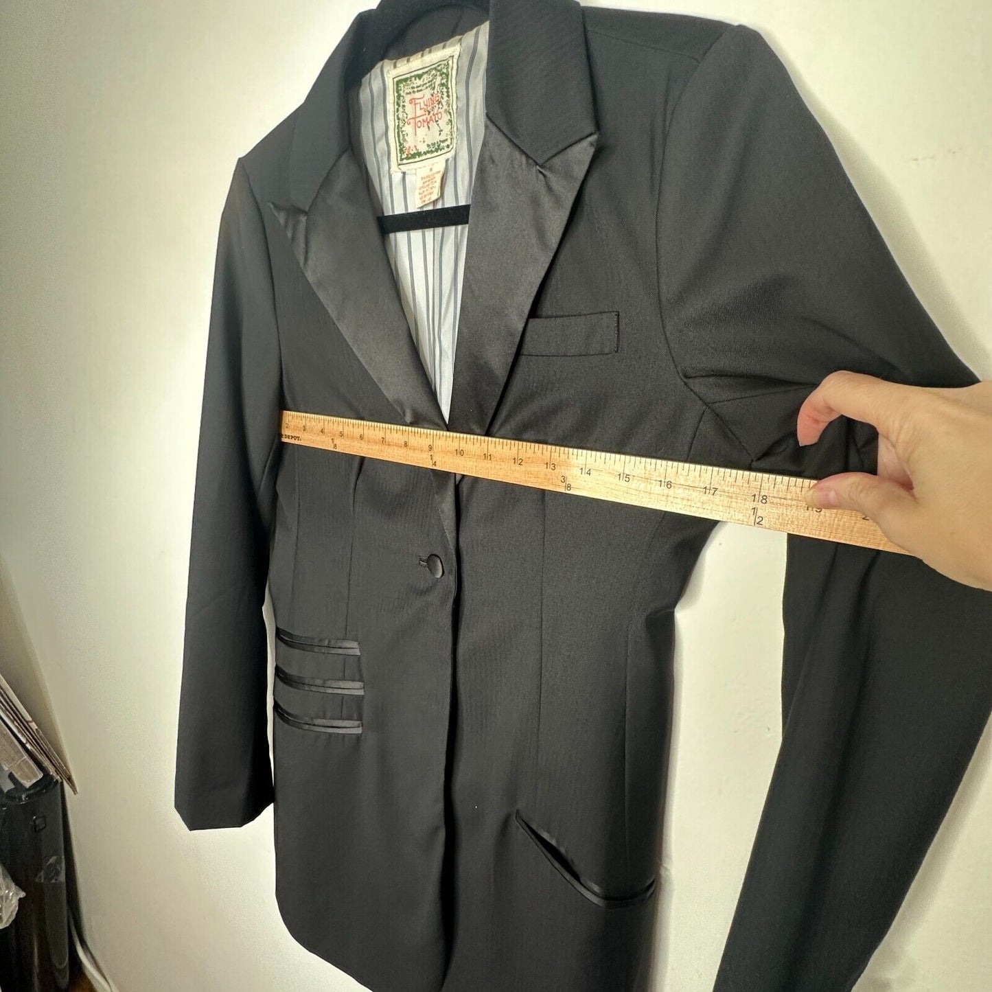 Flying Tomato Black Long One-Button Tuxedo Blazer Satin Trim Lapel & Pockets M