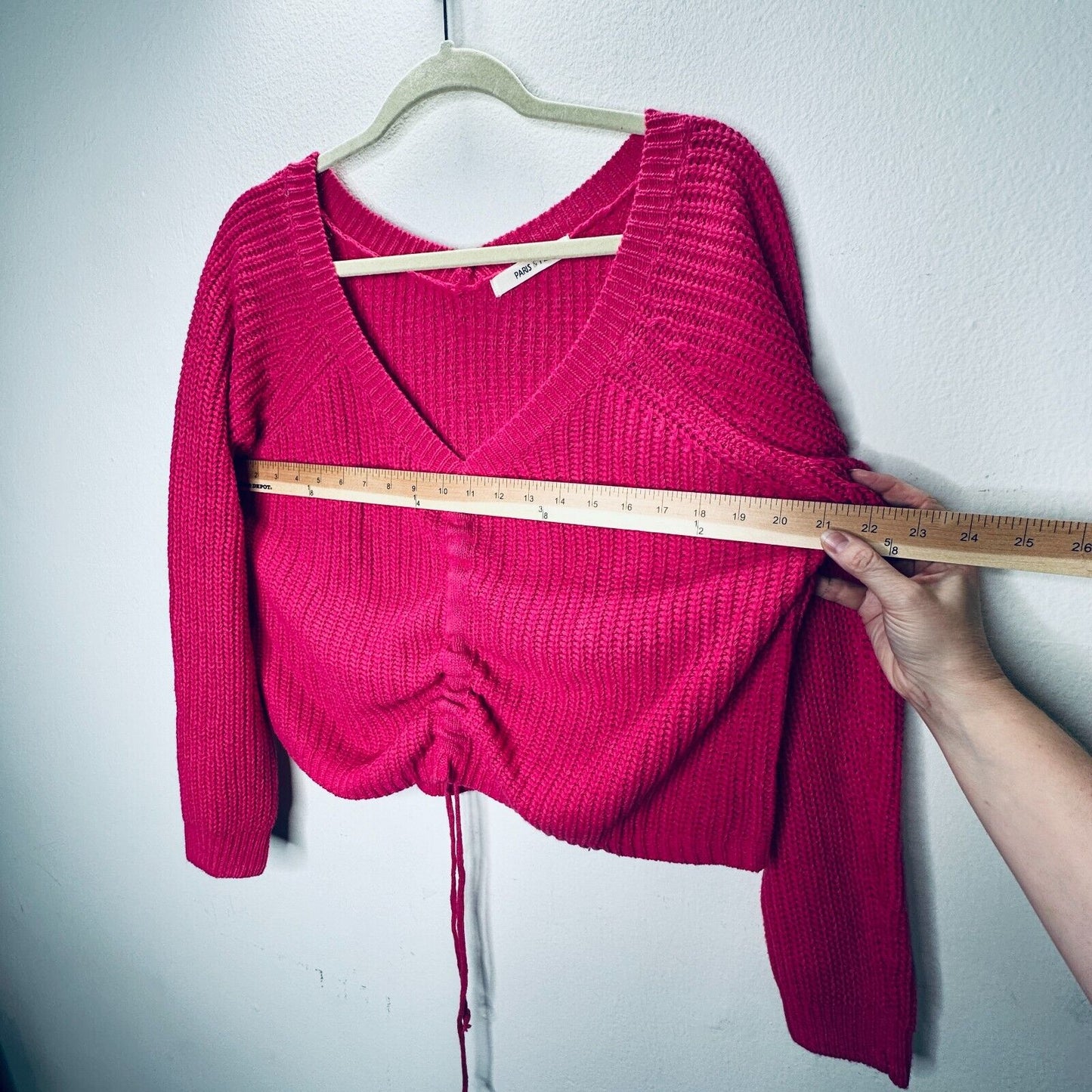 Paris & Me Pink Oversized Wide VNeck Long Sleeve Front Adjustable Ruched Sweater