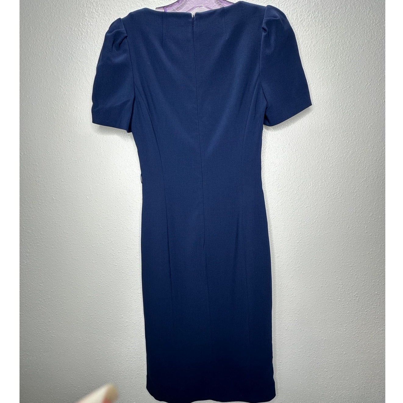 Michael Kors Navy Blue V-Neck Cap Sleeve Front Slit Fitted Midi Dress 2
